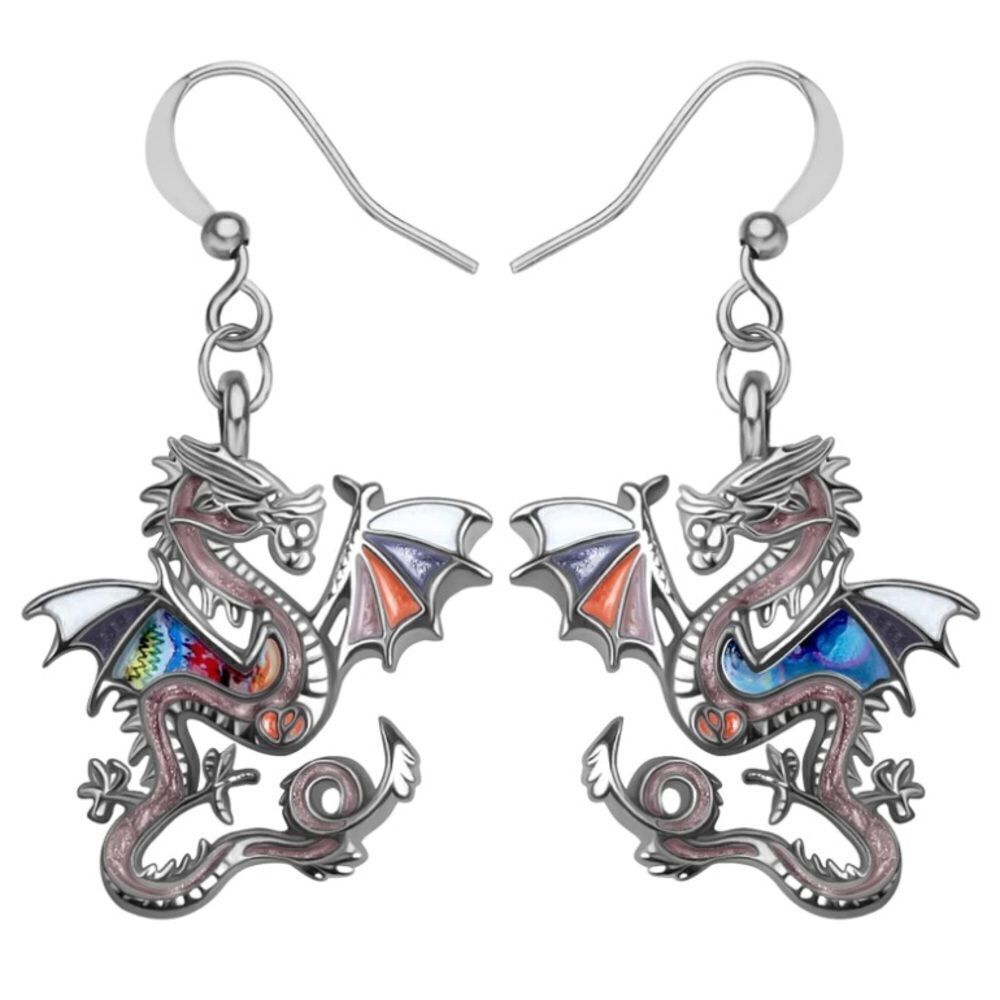 Silver and Multicolor Enamel Mythical Dragon Dangling French Wire Hook Earrings